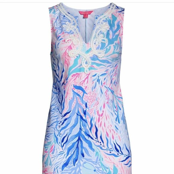 Lilly Pulitzer Harper Shift Dress Crew Blue Tint Kaleidoscope Coral Pink White S - Picture 7 of 16